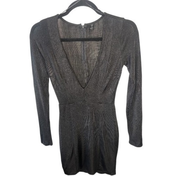 Blanc Dresses & Skirts - Blanc Metallic Black Deep V Long Sleeve Mini Dress Women's Small Party